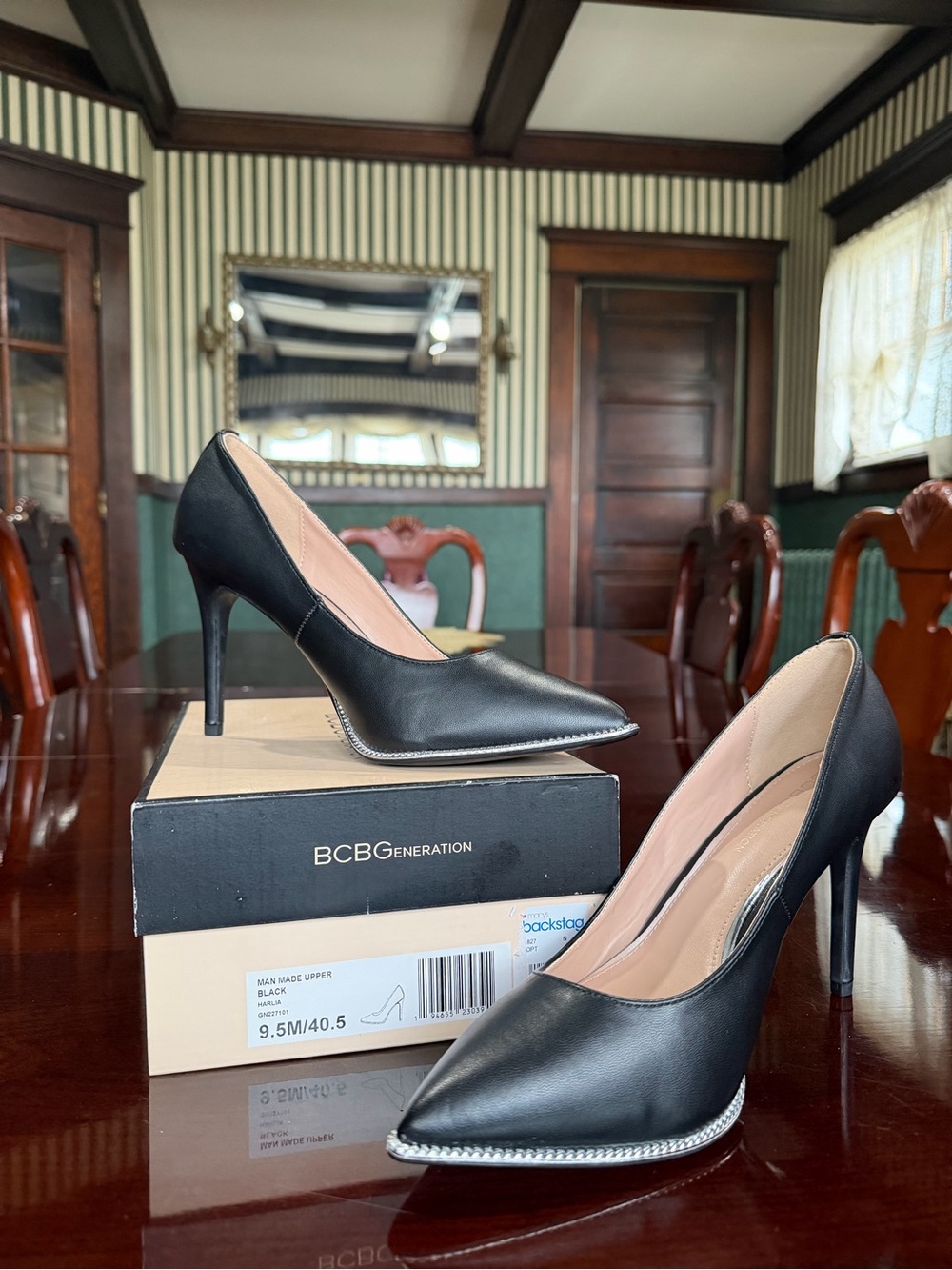 BCBGeneration Black Pointed Toe Stiletto Pumps with Rhinestone Trim